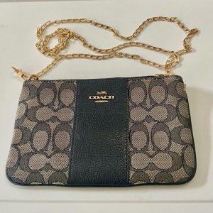 Coach Signature Khaki Jacquard with Blue Leather Stripe Wristlet-Crossbody