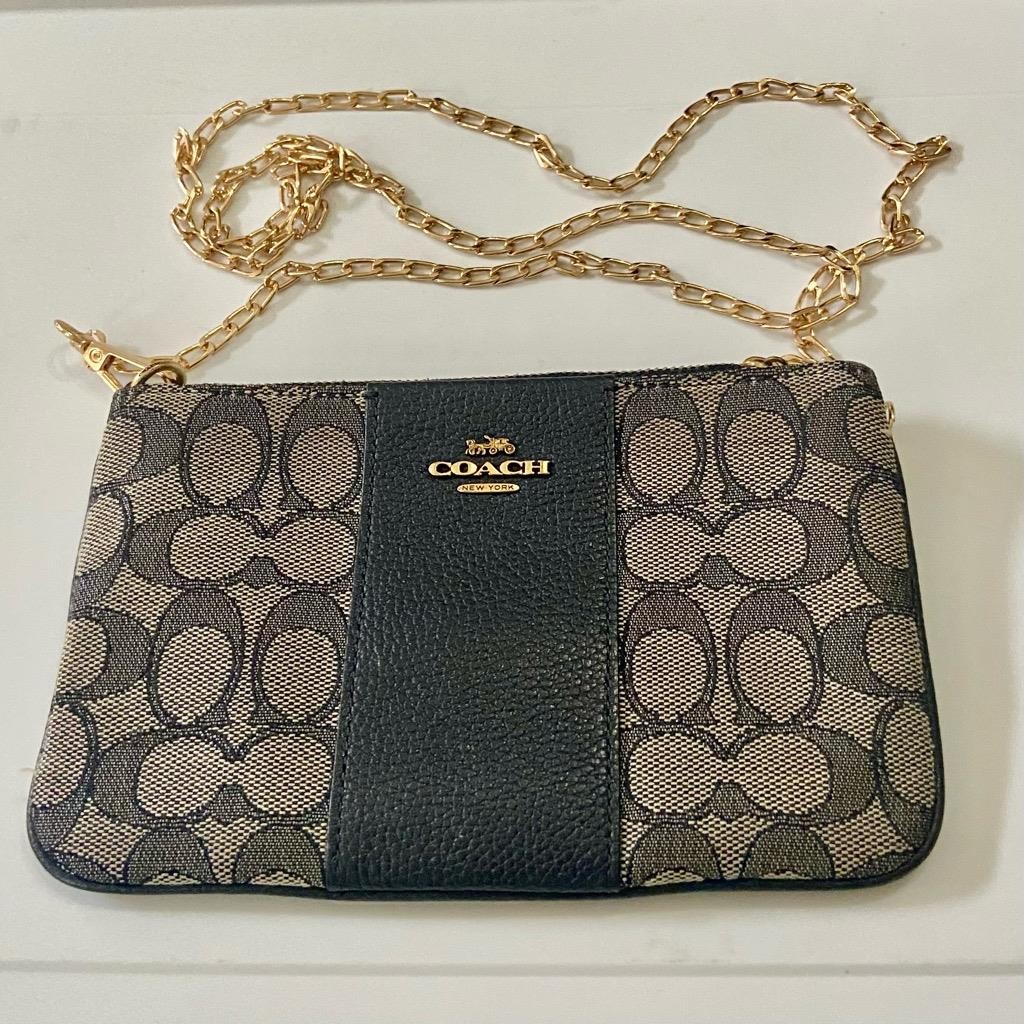 Coach Signature Khaki Jacquard with Blue Leather Stripe Wristlet-Crossbody