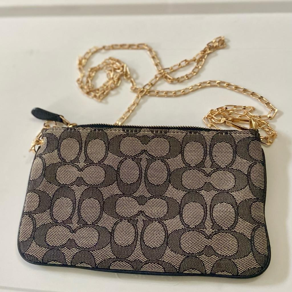 Coach Signature Khaki Jacquard with Blue Leather Stripe Wristlet-Crossbody