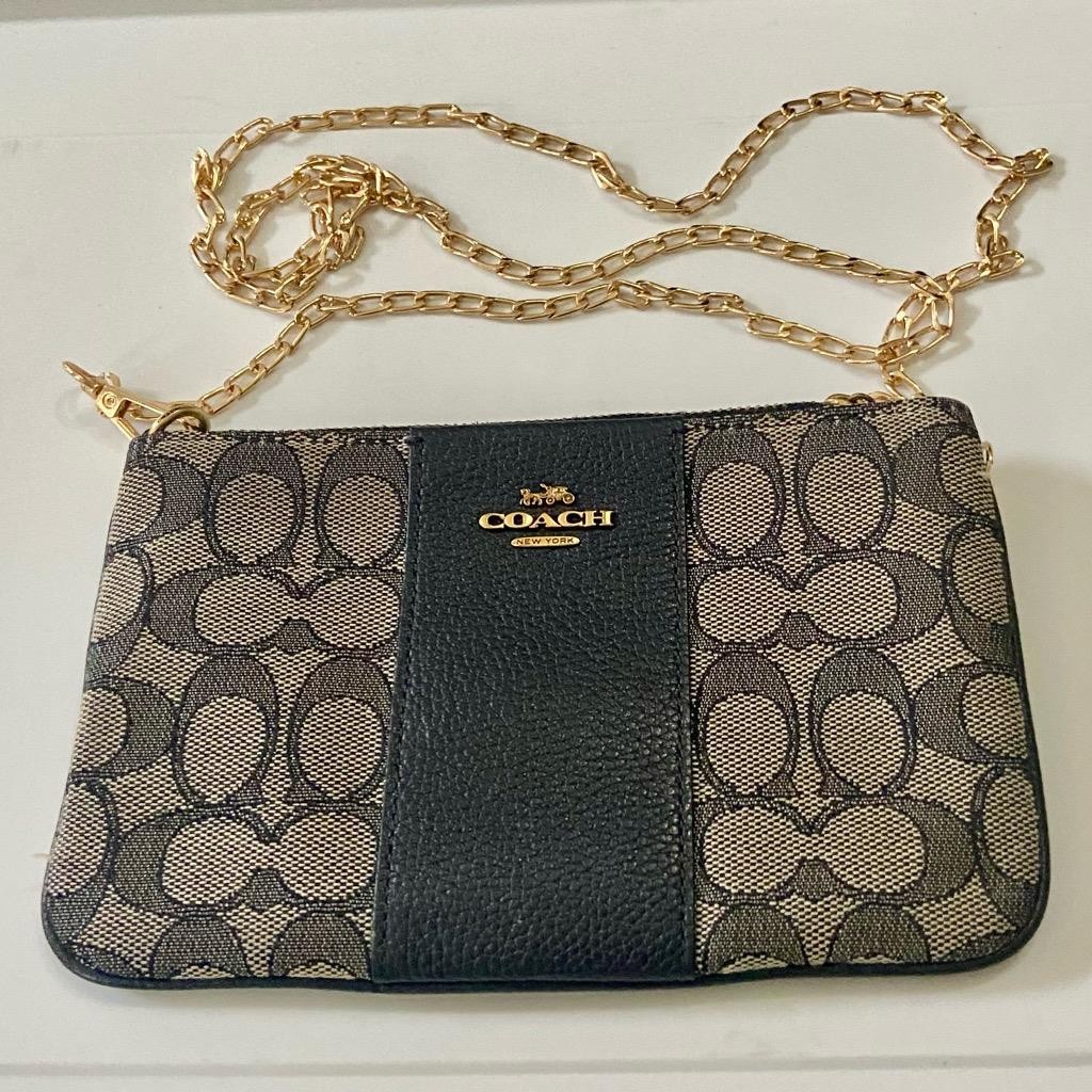 Coach Signature Khaki Jacquard with Blue Leather Stripe Wristlet-Crossbody