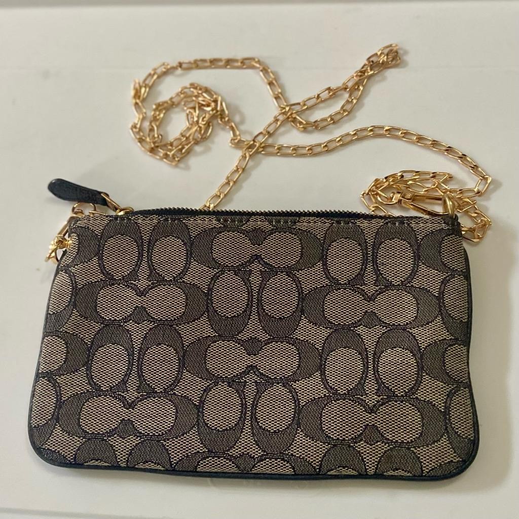 Coach Signature Khaki Jacquard with Blue Leather Stripe Wristlet-Crossbody