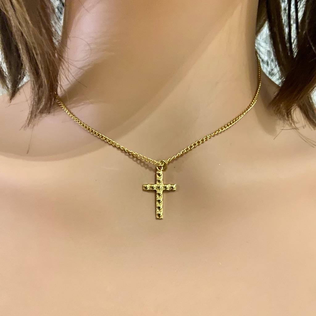 Vintage Lot of 2 Gold Tone Necklaces- Cross and Crystal Pendants