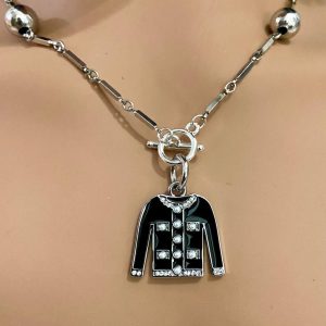 Karl Lagerfeld Silver Tone 18-inch Necklace with Black Cardigan Pendant