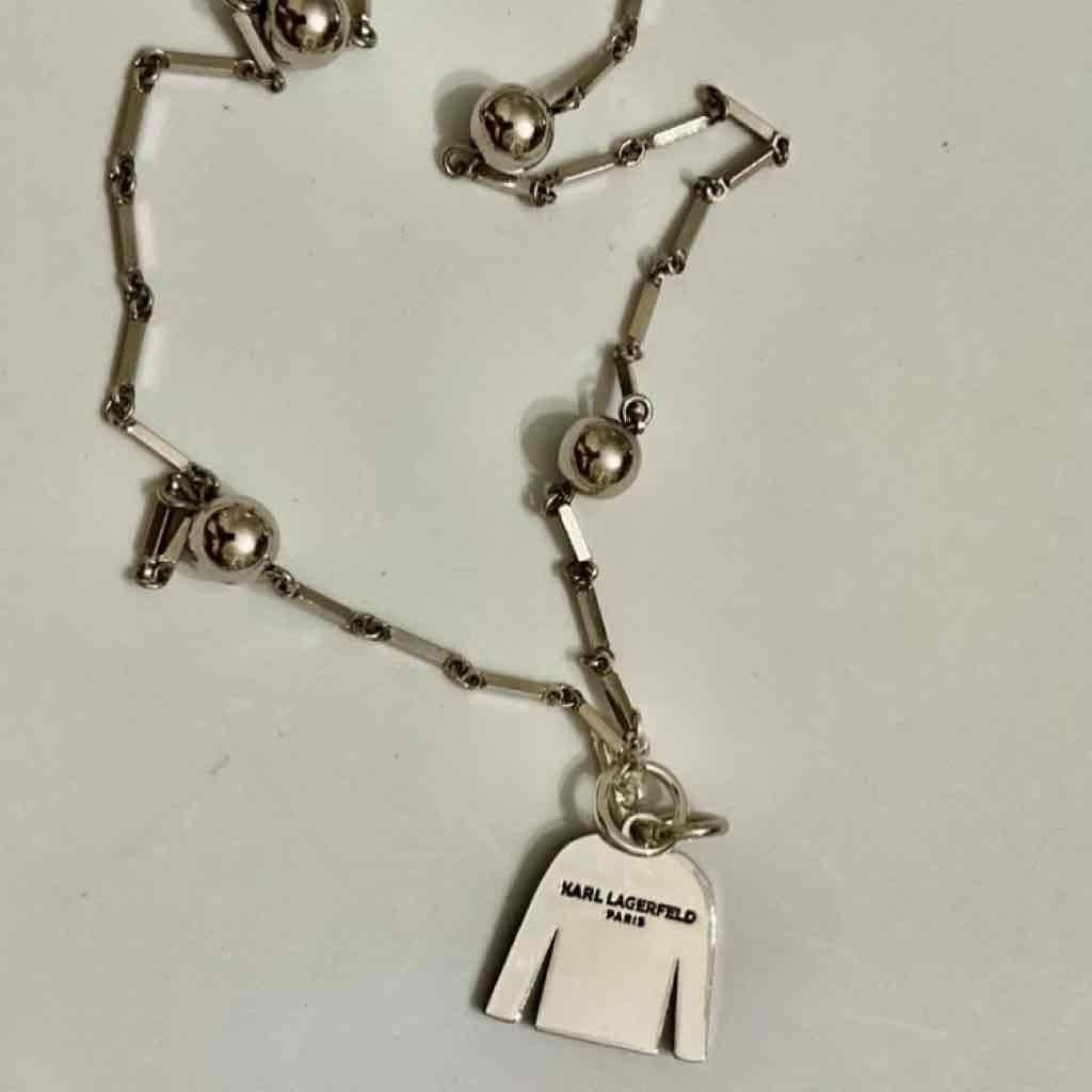 Karl Lagerfeld Silver Tone 18-inch Necklace with Black Cardigan Pendant