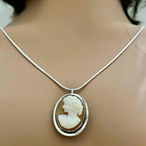 Antique Genuine Shell Cameo- Sterling Brooch Pendant w/ 24-inch Snake Chain