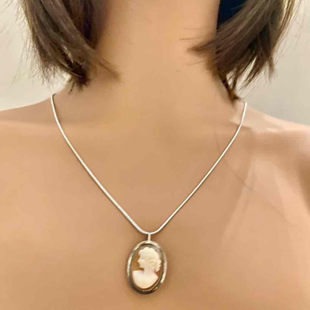 Antique Genuine Shell Cameo- Sterling Brooch Pendant w/ 24-inch Snake Chain