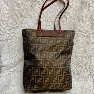 Vintage Fendi Zucca Brown Canvas Hand Bag Tote 14in x 13in x 4in