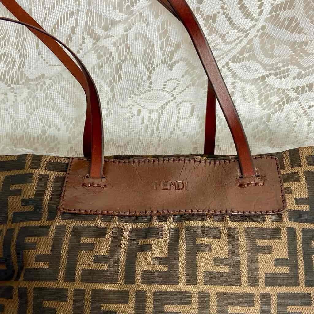 Vintage Fendi Zucca Brown Canvas Hand Bag Tote 14in x 13in x 4in