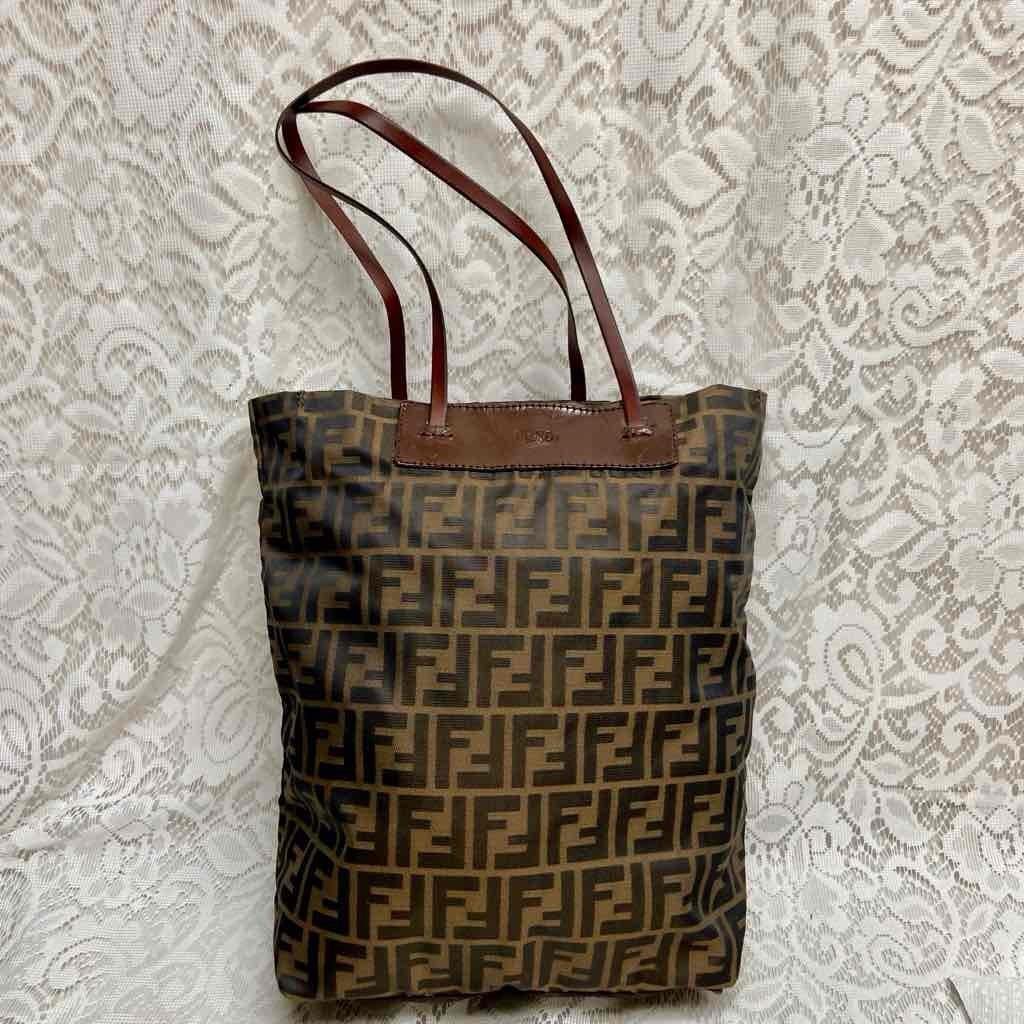 Vintage Fendi Zucca Brown Canvas Hand Bag Tote 14in x 13in x 4in