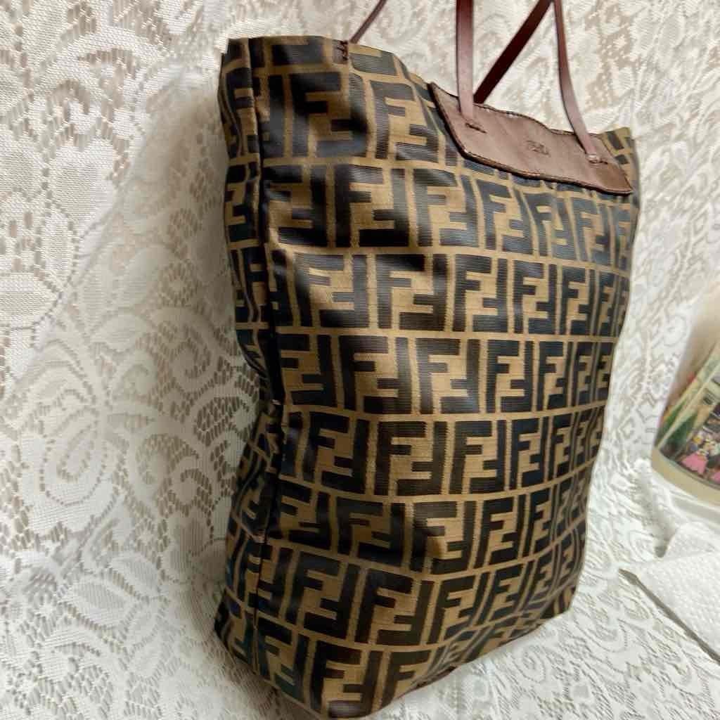 Vintage Fendi Zucca Brown Canvas Hand Bag Tote 14in x 13in x 4in