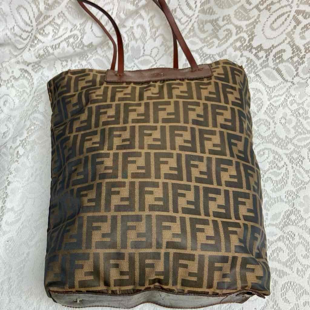 Vintage Fendi Zucca Brown Canvas Hand Bag Tote 14in x 13in x 4in