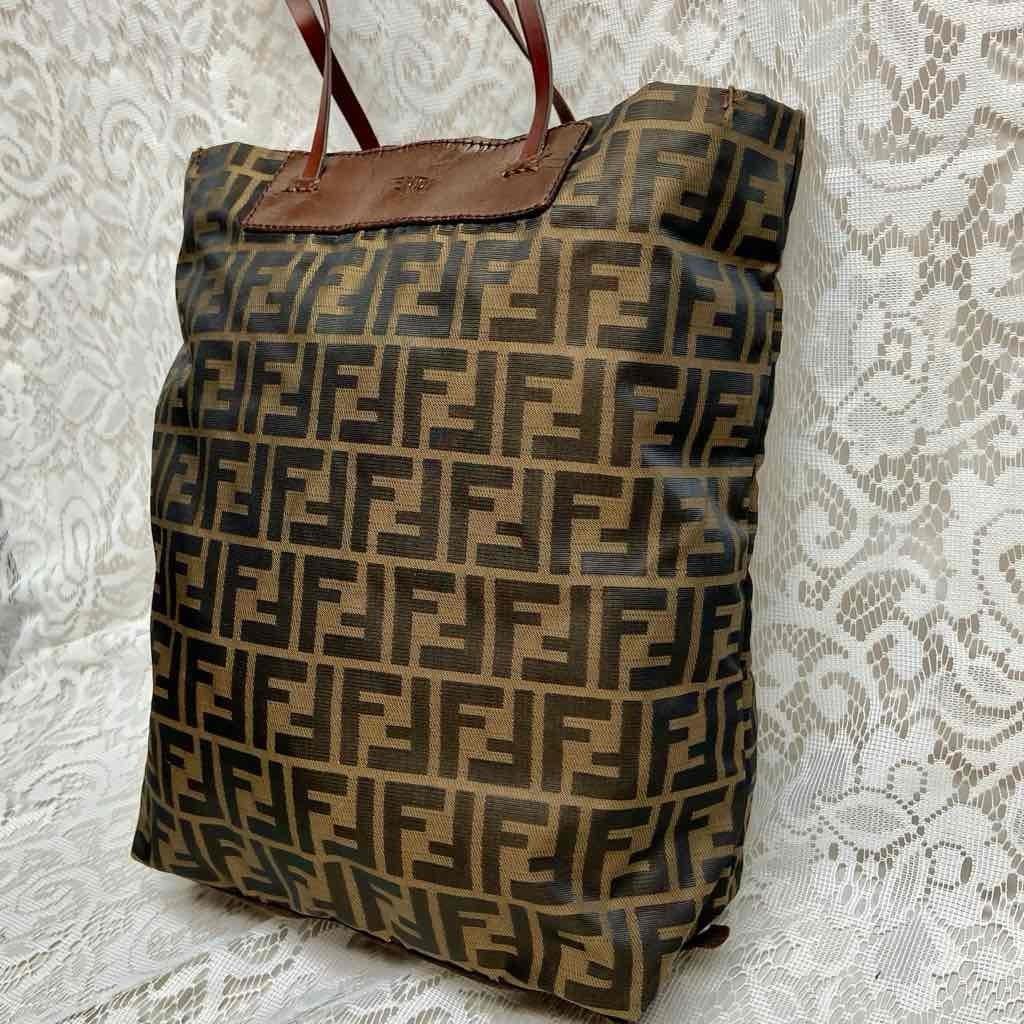Vintage Fendi Zucca Brown Canvas Hand Bag Tote 14in x 13in x 4in