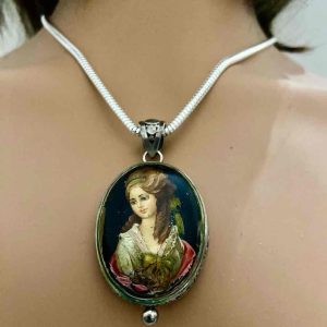 Antique Cameo, Miniature Hand painted Lady -Sterling Pendant Necklace