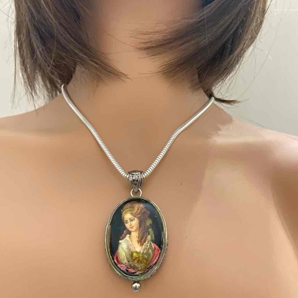 Antique Cameo, Miniature Hand painted Lady -Sterling Pendant Necklace