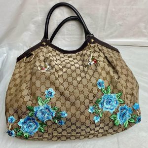 Vintage, Large Gucci, Coated Canvas with Blue Floral Embellishment Handbag