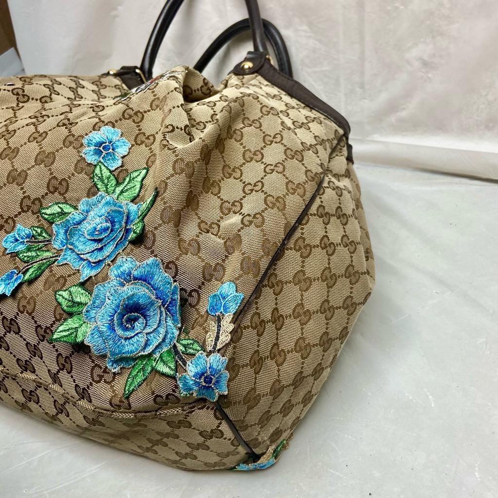 Vintage, Large Gucci, Coated Canvas with Blue Floral Embellishment Handbag