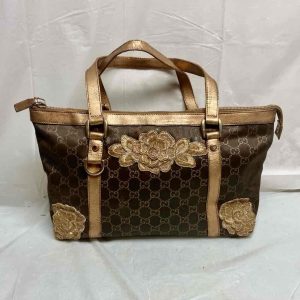 Vintage, Rare, Gucci, GG Brown and GoldCoated Canvas with Gold Floral Embellish