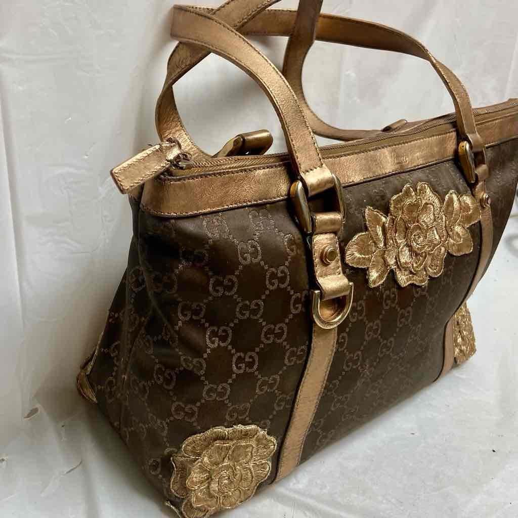 Vintage, Rare, Gucci, GG Brown and GoldCoated Canvas with Gold Floral Embellish