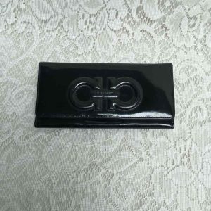 Vintage, Salvatore Ferragamo Black Enamel, Bifold, Long, Wallet 7.5 in x 4 in