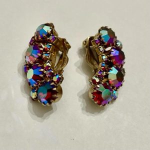 Vintage, Weiss Purple Iridescent Clip Earrings 1 1/2in x 1/2in