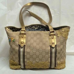 Vintage, Gucci, GG Coated Canvas Handbag with Gold Leather Strap and Trim