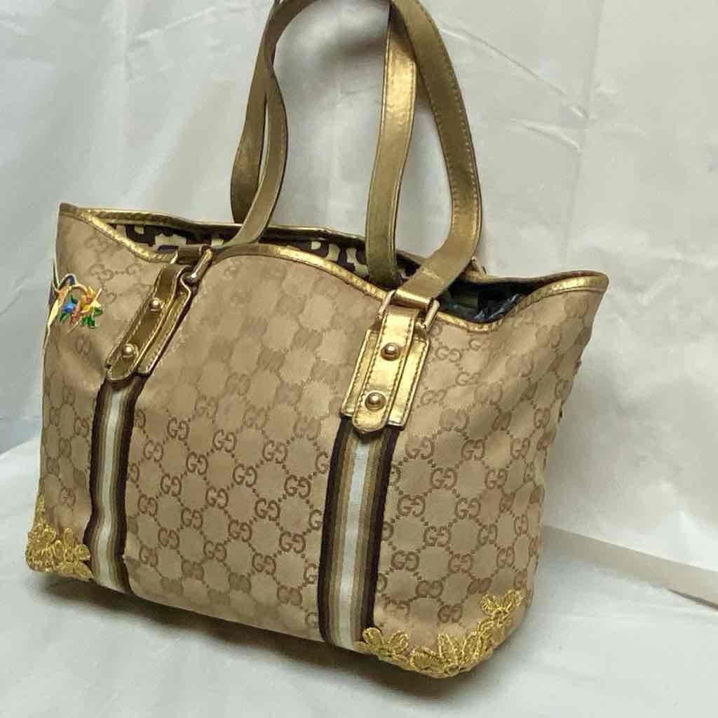 Vintage, Gucci, GG Coated Canvas Handbag with Gold Leather Strap and Trim