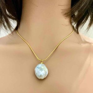 Stunning Genuine Baroque Pearl Pendant w/ 18-in Gold Plated Snake Chain Necklace