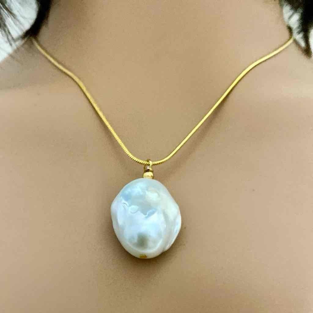 Stunning Genuine Baroque Pearl Pendant w/ 18-in Gold Plated Snake Chain Necklace