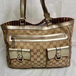 Vintage Gucci Brown Mono Large Shoulder Bag with Metallic Trim and Strap