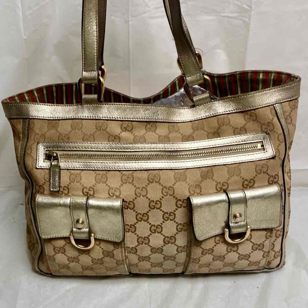 Vintage Gucci Brown Mono Large Shoulder Bag with Metallic Trim and Strap