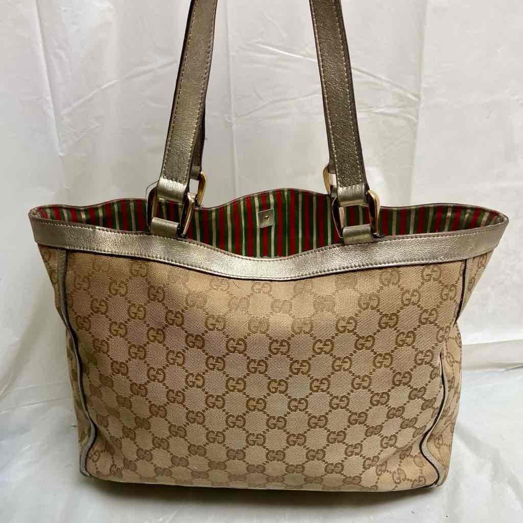 Vintage Gucci Brown Mono Large Shoulder Bag with Metallic Trim and Strap