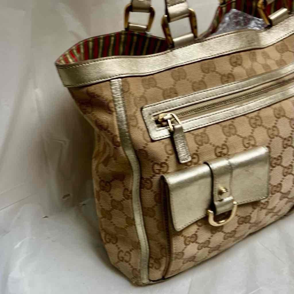 Vintage Gucci Brown Mono Large Shoulder Bag with Metallic Trim and Strap