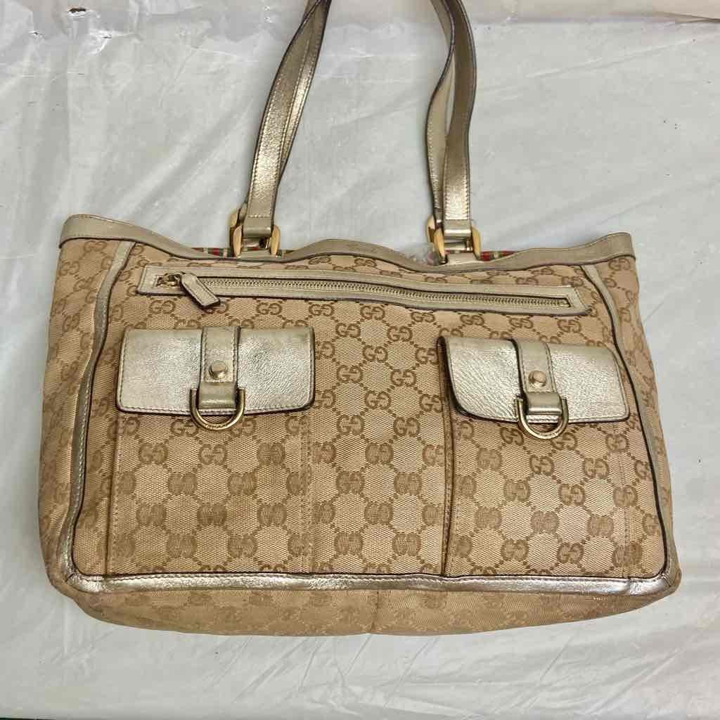 Vintage Gucci Brown Mono Large Shoulder Bag with Metallic Trim and Strap