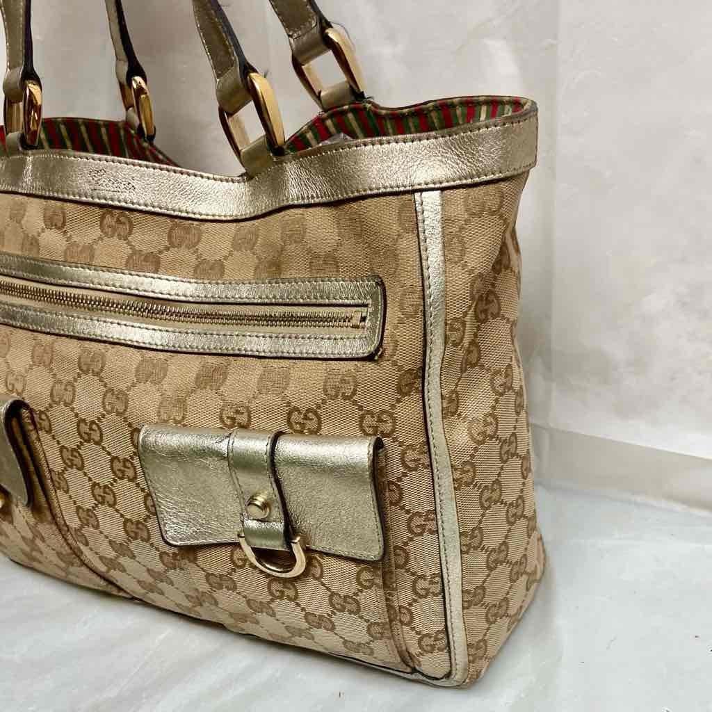 Vintage Gucci Brown Mono Large Shoulder Bag with Metallic Trim and Strap