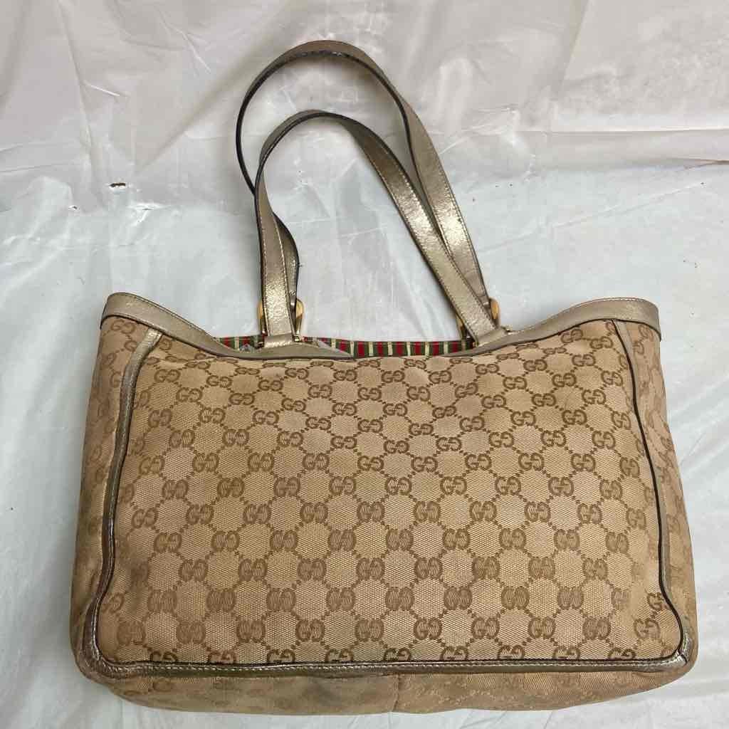 Vintage Gucci Brown Mono Large Shoulder Bag with Metallic Trim and Strap