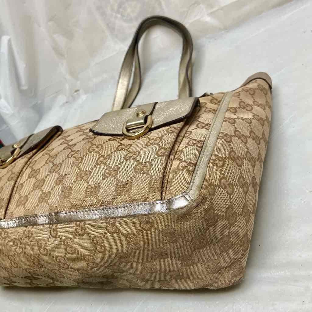 Vintage Gucci Brown Mono Large Shoulder Bag with Metallic Trim and Strap