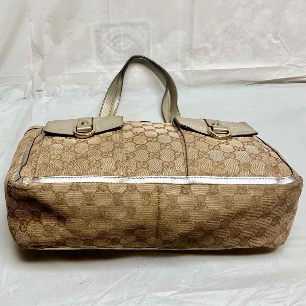 Vintage Gucci Brown Mono Large Shoulder Bag with Metallic Trim and Strap