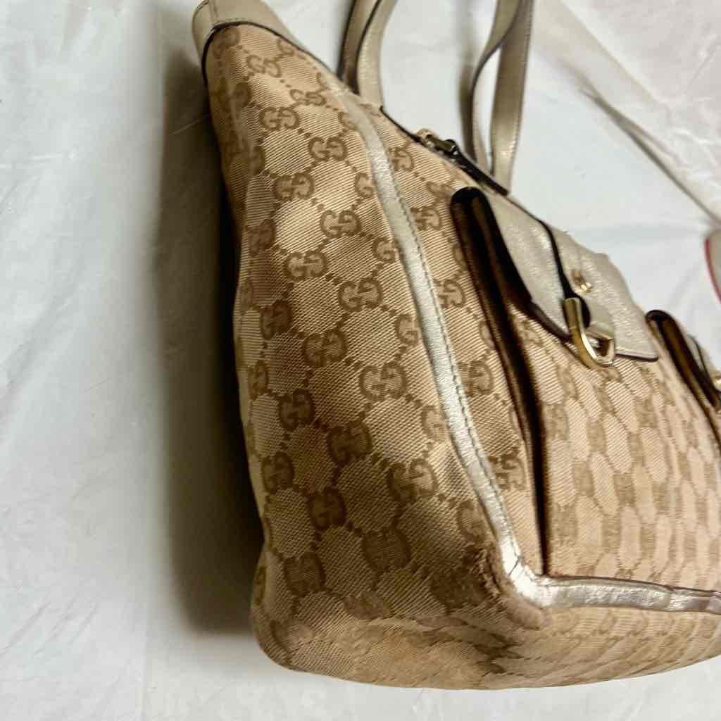 Vintage Gucci Brown Mono Large Shoulder Bag with Metallic Trim and Strap