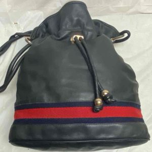 Vintage, Rare, Gucci, Sherry Line Blue-black Drawstring Leather Shoulder Bag