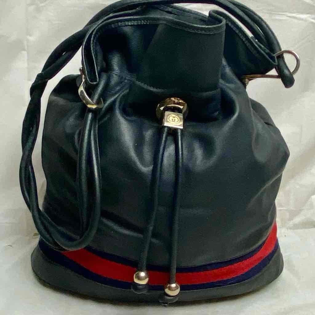 Vintage, Rare, Gucci, Sherry Line Blue-black Drawstring Leather Shoulder Bag