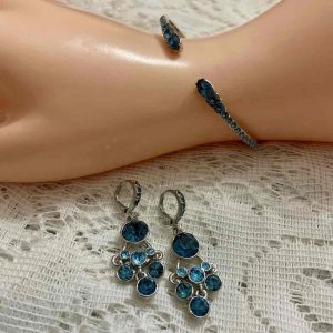 Vintage Givenchy Blue Crystals and Silver Cuff Bangle and Earrings Set