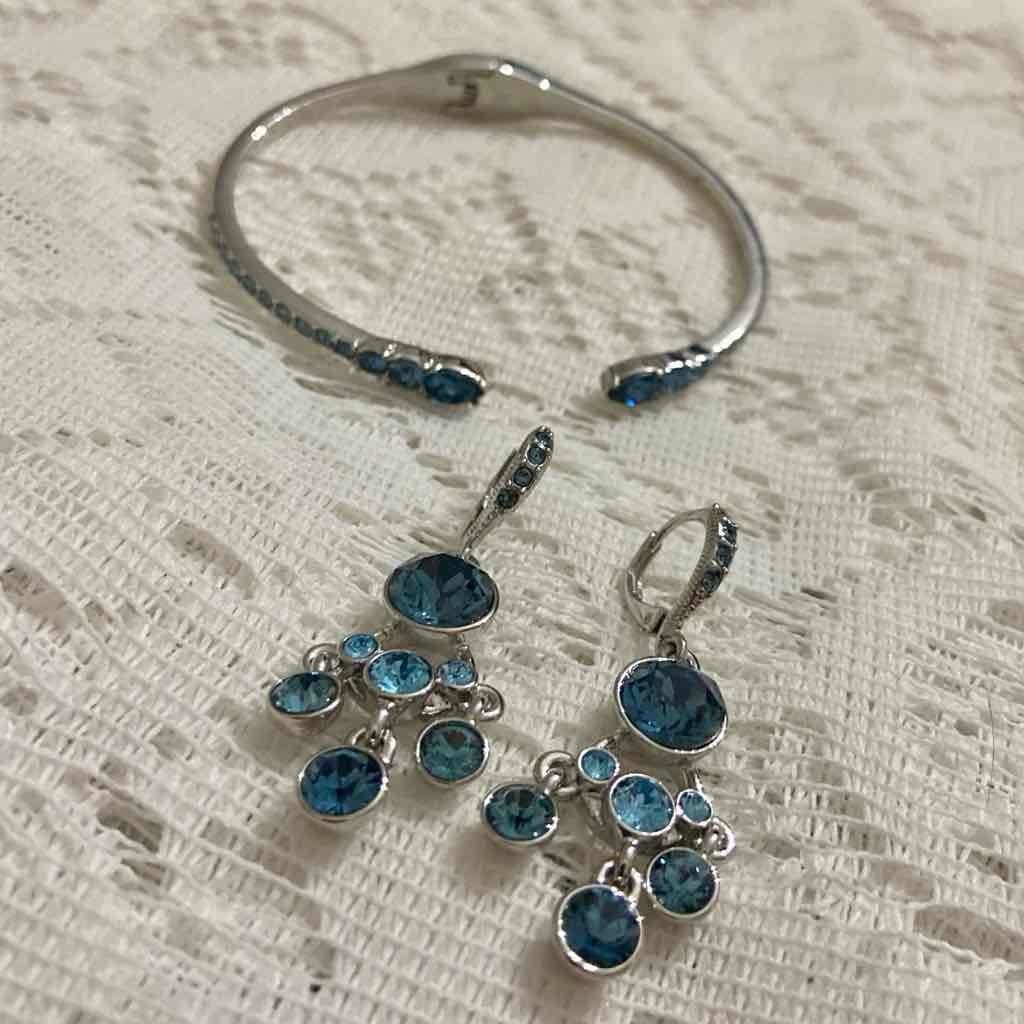 Vintage Givenchy Blue Crystals and Silver Cuff Bangle and Earrings Set