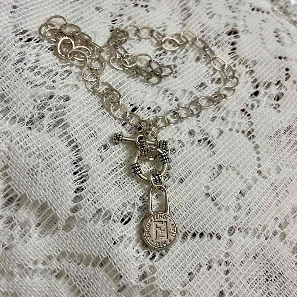 Fendi Silver Tone Small Size Pendant Necklace