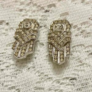 Art Deco, Vintage, Egyptian Sphinx-Boucher Silver Tone Earrings with Clear Cryst
