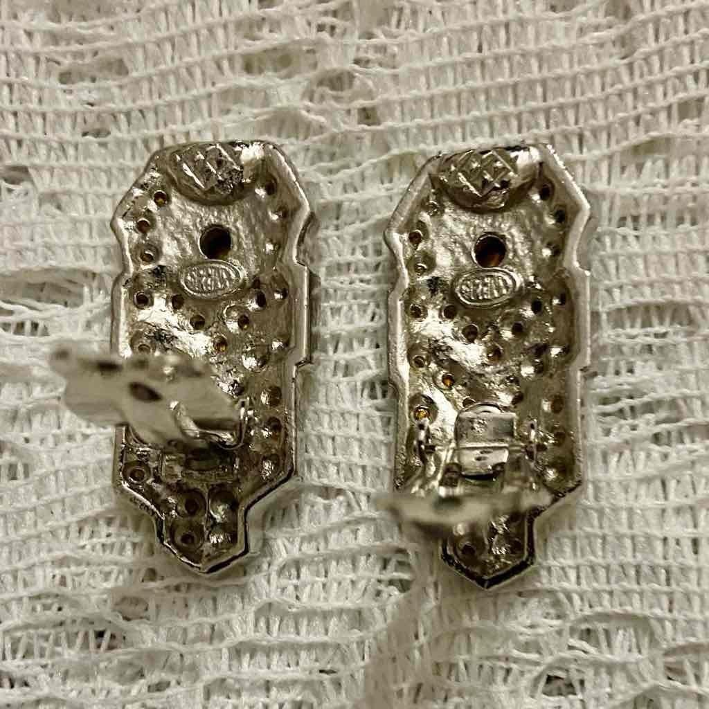 Art Deco, Vintage, Egyptian Sphinx-Boucher Silver Tone Earrings with Clear Cryst